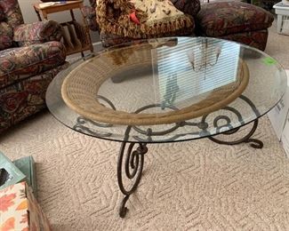 #86	Beveled glass top wicker and metal base round coffee table 44x17	 $100.00 

