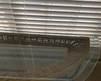 #92	Half round beveled glass top sofa table wicker and iron base	 $125.00 
