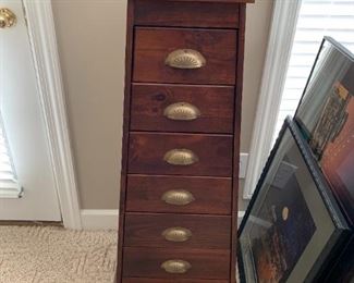 #94	Tapered wood 7 drawer chest of drawers with brass pulls 18x15x43	 $175.00 
