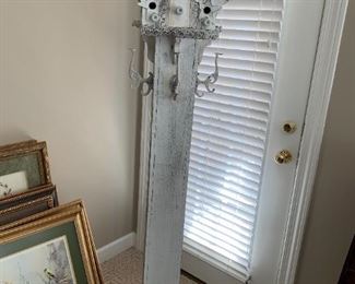 #95	White painted bird house topped 3 hook coat rack 17x12x72	 $175.00 
