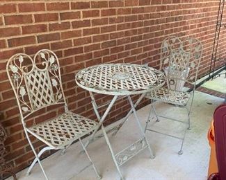 #118	Metal Table w/2 Metal Chairs - folds up w/Dragonfly on it - 26x29	 $75.00 
