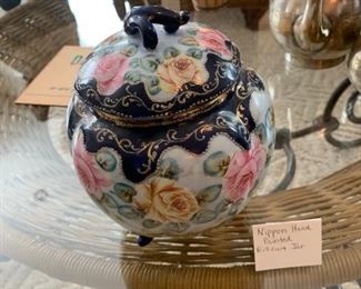 #212	Hand-Painted Nippon Biscuit Jar - 8" Tall Cobalt Blue/Gold	 $75.00 
