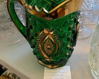 #257	Ant. EAPG Northwood Memphis Emerald Gold Glass Pitcher Dolls Eye	 $45.00 
