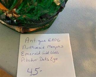 #257	Ant. EAPG Northwood Memphis Emerald Gold Glass Pitcher Dolls Eye	 $45.00 
