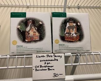 #294	North Pole Series Ornaments - 2 pc. Elf Bunkhouse, Reindeer Barn	 $30.00 
