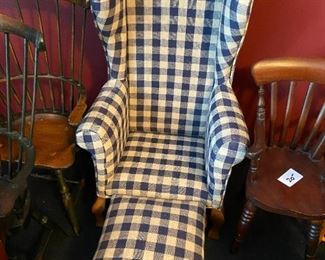 #315	miniature	Miniature blue/white checked wing back chair and stool 	 $50.00 	
