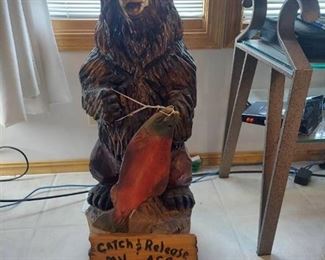 Carved Wooden Bear with Fish