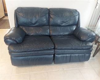 Blue Leather Double Reclining Loveseat