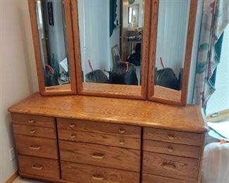 Oak Dresser with Tri-Fold Mirror - Includes a Hidden Jewelry Drawer
