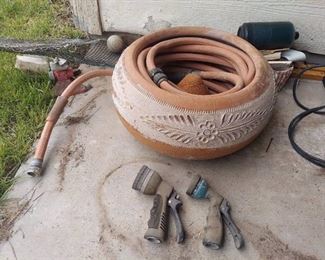 Terra Cotta Hose Winder Pot with Hose and Nozzles