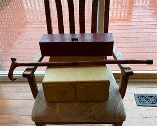 Oak two drawer filing cabinet, primitive box and cane.