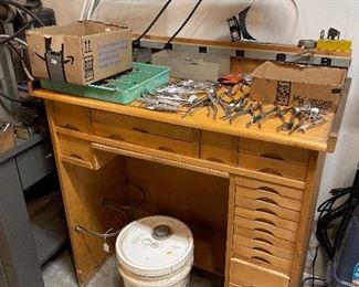 Jewelers cabinet, jewelers tools, vintage dental tools.