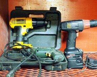 Skil 12V Cordless Drill With Charger, DeWalt 1/2" Cordless Driver, No Battery, And Black & Decker Quantum Pro Electric Drill