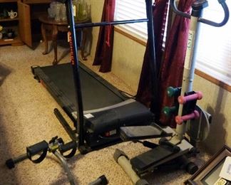 Ancheer 2.25 HP Folding Treadmill, Powers On, Easy Step, Gold's Gym Pedal Trainer, And Hand Weights
