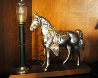Vintage Cast Metal Horse & Lamp Post Light, BMR Cast Metal War Horse Bookends, And Painted Ceramic Horse Figure