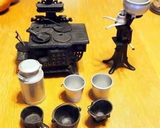Cast Iron Miniature Queen Stove With Pots And Pans, And Miniature Milk Cream Separator With Milk Can And Milk Pails