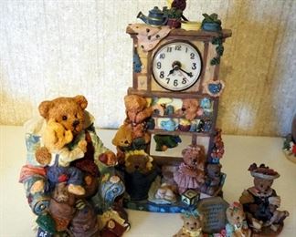 Cast Resin Teddy Bear Figures, Including Battery Operated Pendulum Clock, Qty 4