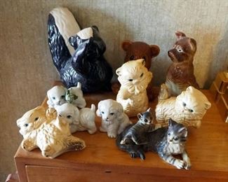 Chalkware And Ceramic Animal Figures, Including Skunk, Kitties, Puppies, And Honey Bear Honey Pot