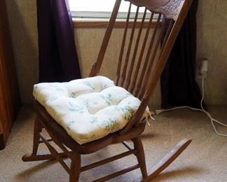 Antique Handmade Wood Rocking Chair With Carved Back And Cushion, 37.5" x 15" x 24"