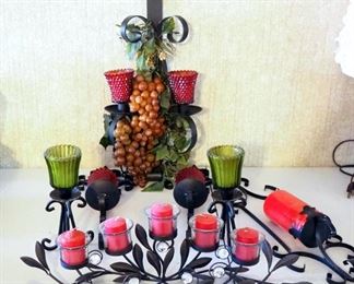 Wrought Iron Candle Wall Sconces, Qty 4, 5 Light Centerpiece, And Wrought Iron Tabletop Votives, Qty 2