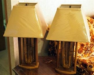 Three Way Etched Glass And Wood Table Lamps With Cloth Shades, 26" Tall, Qty 2