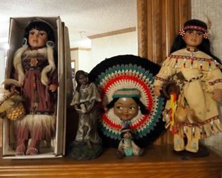Handmade Porcelain Native American Dolls, 16" Tall, Qty 2, Including Show Stopper Running Brook, Painted Ceramic Squaw, And Indian Boy