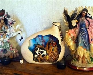 Native American Fiber Optic Lamps, Qty 2, And Painted Ceramic Backlit 3D Table Lamp