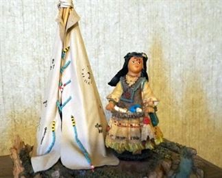 Decorative Clay Pots, Qty 2, Dream Catcher Wind Chime, And Cast Resin Native American With Teepee, 9" Tall