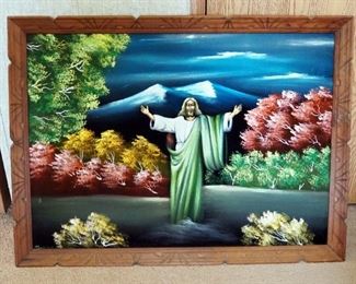 Painted Jesus Christ On Felt With Wood Carved Frame, 27.5" x 37.5", And Woven Velvet Sacred Heart Of Jesus Tapestry, 19.75" x 38"