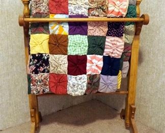 Hand Stitched Hand Pieced Puff Quilt, 76" x 82", Includes Oak Quilt Rack, 37" x 25" x 13"