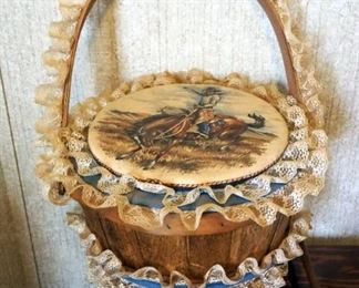 Vintage According Style Wood Sewing Box, Including Sewing Notions, Thread, Buttons, Needles, Crochet Hooks, Zippers, And More