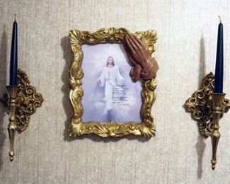 Brass Toned Metal Candle Scones And Framed Resurrection Print, 12.5" x 10"