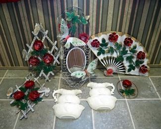 Bathroom Decor, Including Wash Basin Wall Pockets, Metal Rosebud Fan, Mirror, And More