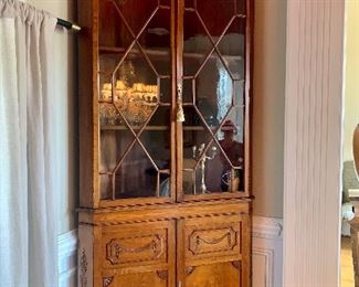 antique English mahogany corner cupboard. Measures 8’2”t 45”w 24”d 