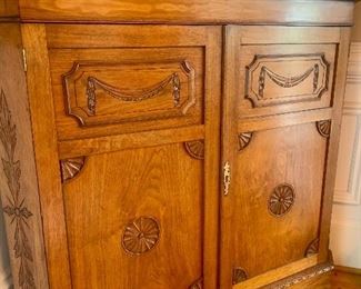 antique English mahogany corner cupboard. Measures 8’2”t 45”w 24”d 