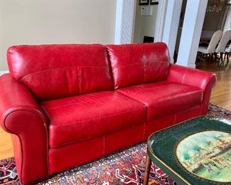 7’ red leather sofa