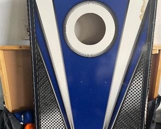Quest brand blue and orange corn hole boards