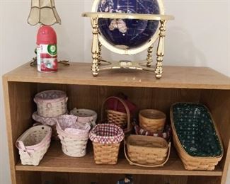 Longberger and other baskets, globe, shelf, statues