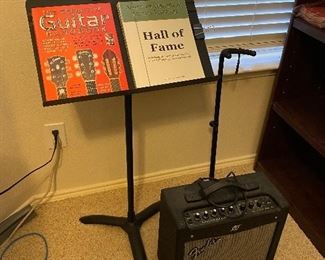 Music stand, guitar stand, Fender Mustang  1 Amplifier 