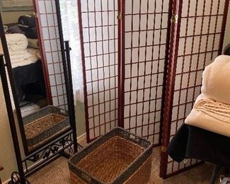 Room divider, metal floor mirror, large basket