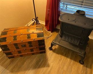 Wood burning stove - refinished. New made to look old chest. 