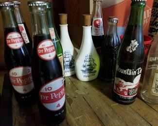 Vintage Mountain Dew Dr. Pepper 7 UP & Vintage Flying Chest Bottles