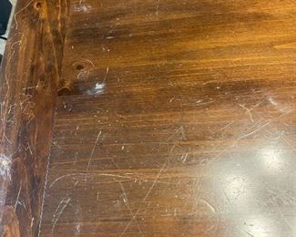 #23	Double Pedestal Trestle Table w/4 Chairs & 2 Leaves 70-100x38x28.5 (as is scratches)	 $125.00 
