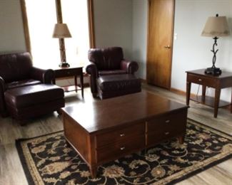 Ethan Allen Leather Chairs and Ottomans, Ethan Allen Coffee Table & 2 End Tables, Area Rug and 2 Lamps