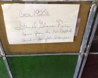 6' Stained Glass piece from the 1st Baptist Church in Springdale, Arkansas. Circa 1920's