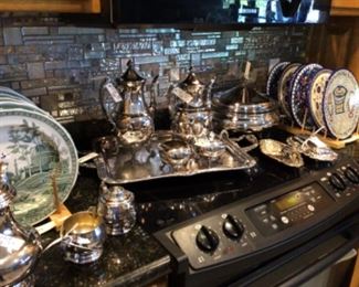Spode Plates on the Left, & Silver Plate Serving Pieces
