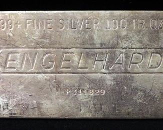 .999 Fine Silver 100 Troy Ounce Bar, Stamped Engelhard, SN# P311829