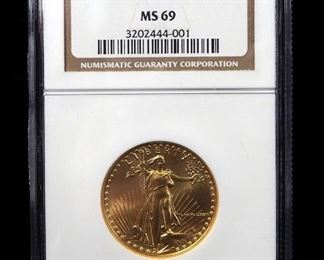 1986 American Eagle $25 Gold Coin, 1/2 Ounce Fine Gold, Certified By NGC, Graded MS 69