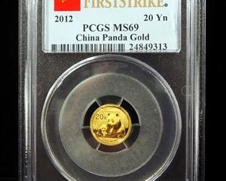 2012 China Panda 20 Yn Gold Coin, 1/20 Ounce .999 Gold, Certified By PCGS, Graded MS 69