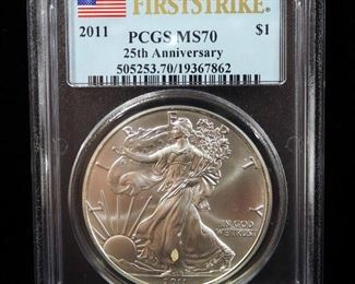 2011 American Eagle $1 Silver Coin, 1 Ounce Fine Silver, Certified By PCGS, Graded MS 70